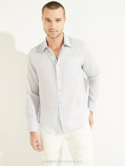 GUESS camisa de lino eco isla hombres 0P8X4119 azul de las vías respiratorias vestir