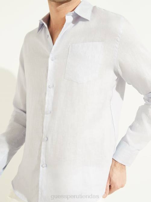 GUESS camisa de lino eco isla hombres 0P8X4119 azul de las vías respiratorias vestir