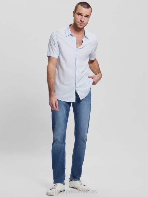 GUESS camisa lisa de rayón ecológico hombres 0P8X3997 cielo alto vestir
