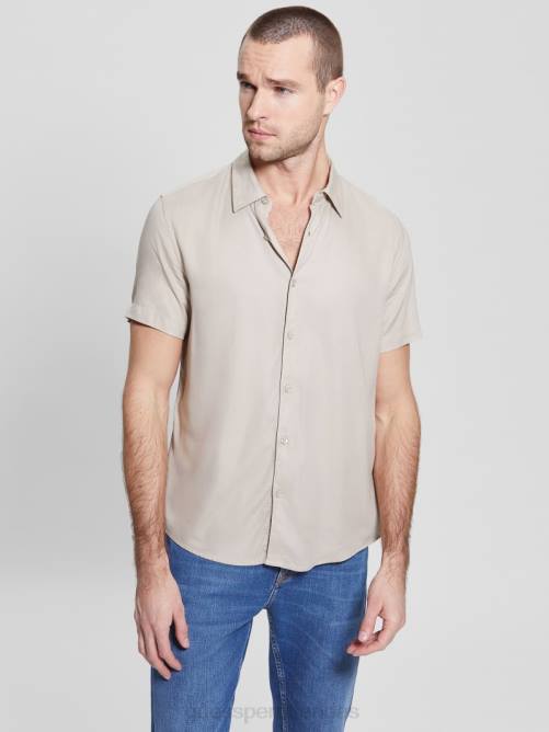 GUESS camisa lisa de rayón ecológico hombres 0P8X4002 piedra de pasadena vestir
