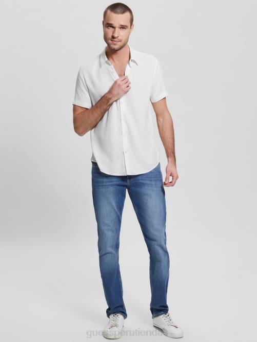 GUESS camisa lisa de rayón ecológico hombres 0P8X4007 sal blanca vestir