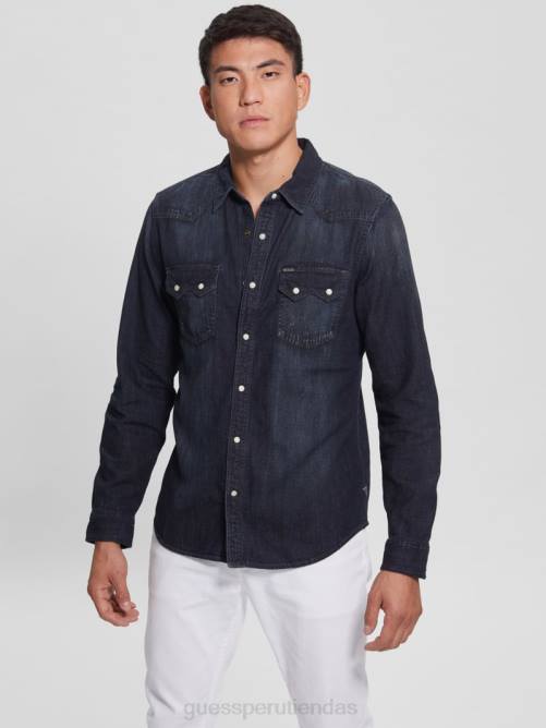 GUESS camisa vaquera regular fit estilo western hombres 0P8X4014 niebla de medianoche vestir