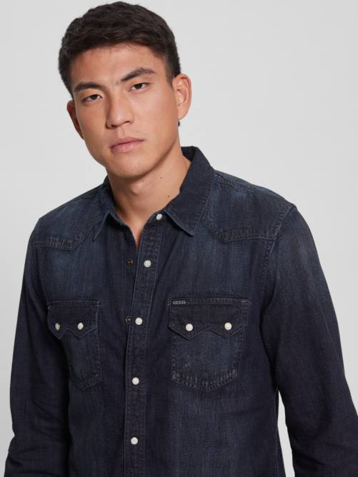 GUESS camisa vaquera regular fit estilo western hombres 0P8X4014 niebla de medianoche vestir