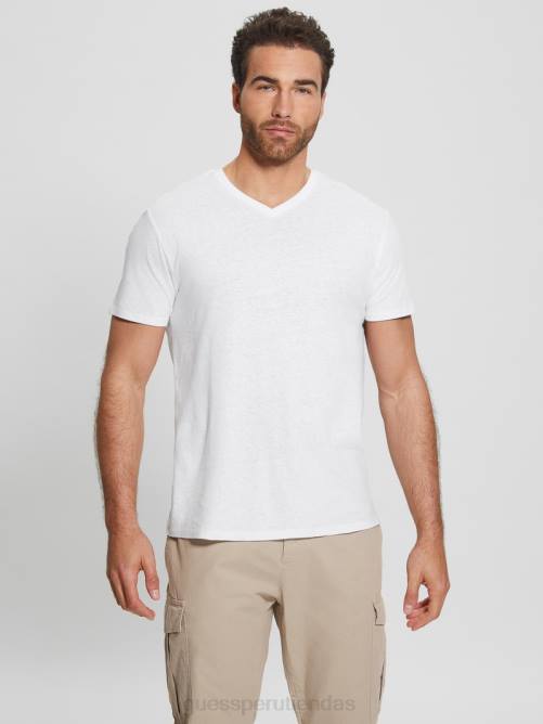 GUESS camiseta con cuello en V en mezcla de lino ecológico hombres 0P8X3992 blanco puro multi vestir