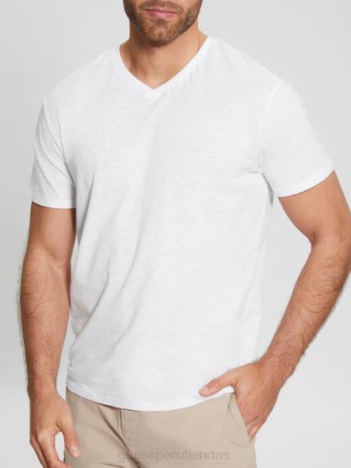 GUESS camiseta con cuello en V en mezcla de lino ecológico hombres 0P8X3992 blanco puro multi vestir